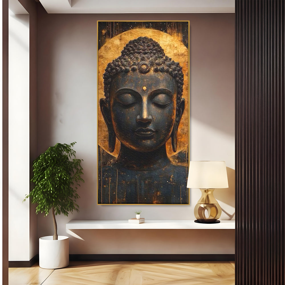 Tablou canvas cu tablou canvas cu capul lui buddha, in rama de aluminiu auriu